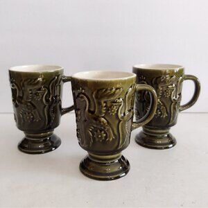 Vintage (3) Mid Century Selca Portugal Pottery Pedestal Mugs Green Birds Floral